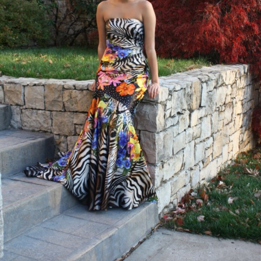 Floral Zebra-Print Strapless Mermaid Dress - Multicolor